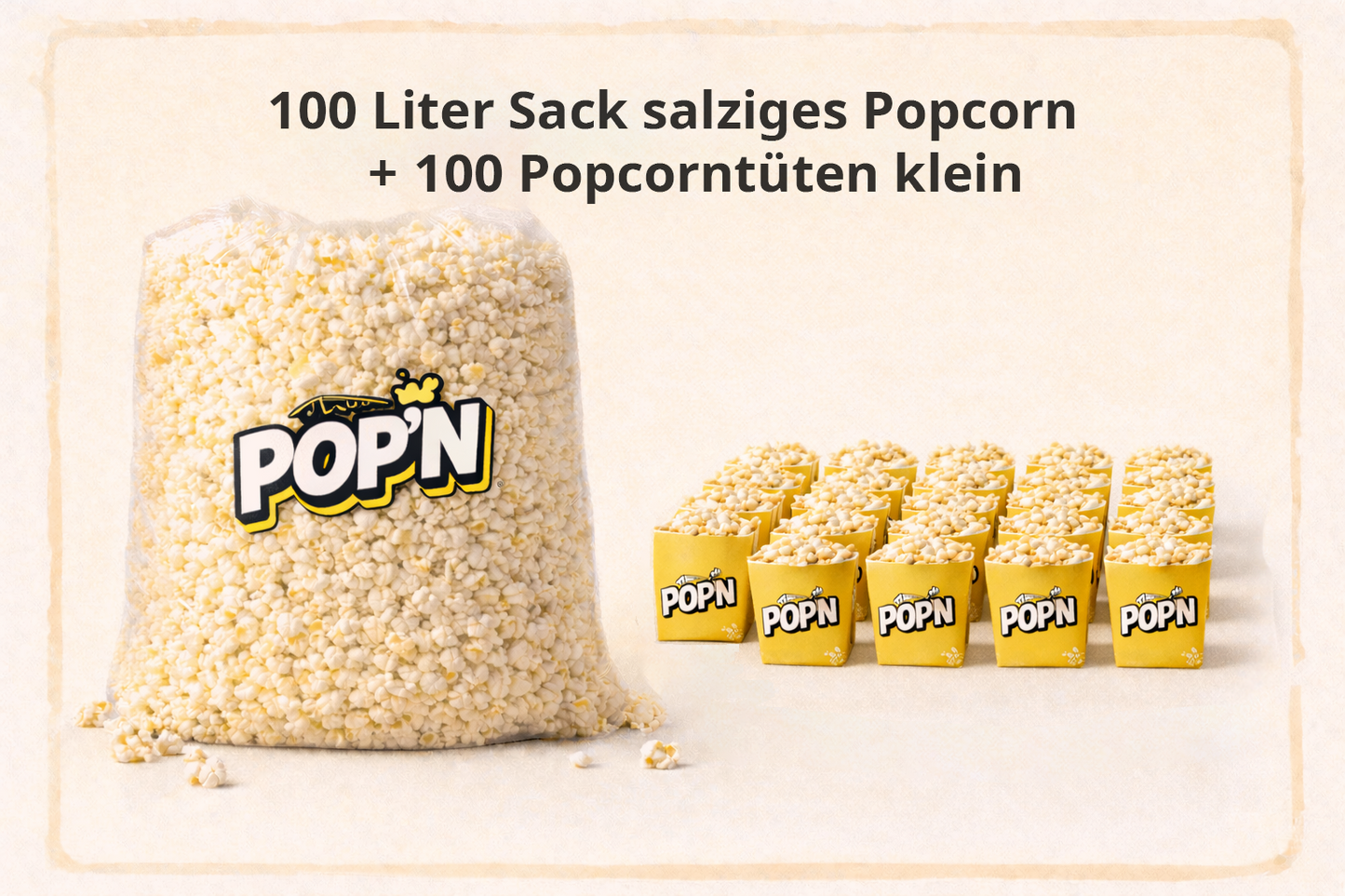 100 Liter Sack salziges Popcorn + 100 Popcorntüten klein