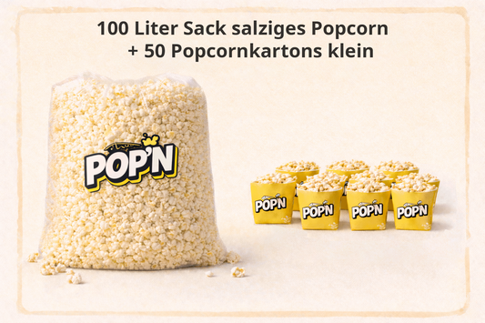 100 Liter Sack salziges Popcorn + 50 Popcornkartons klein